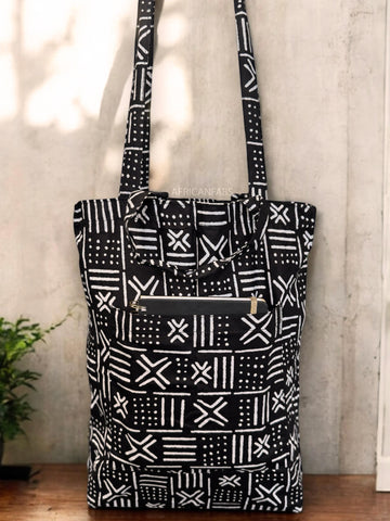 Bolso shopper con estampado africano - Blanco Negro X Bogolan - Shopping Bag Reutilizable de Algodón