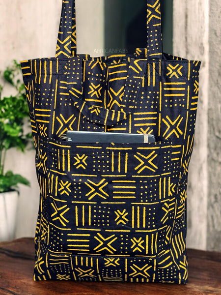 Bolso shopper con estampado africano - Amarillo Negro X Bogolan - Shopping Bag Reutilizable de Algodón