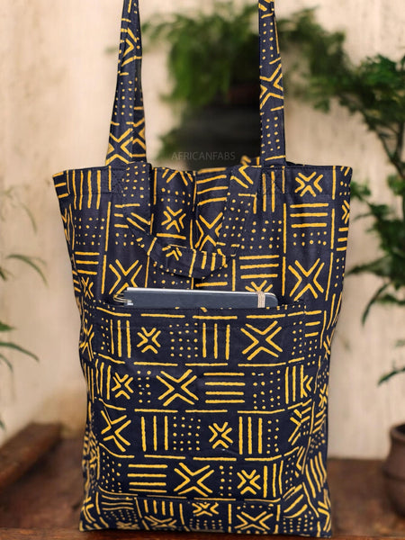 Bolso shopper con estampado africano - Amarillo Negro X Bogolan - Shopping Bag Reutilizable de Algodón