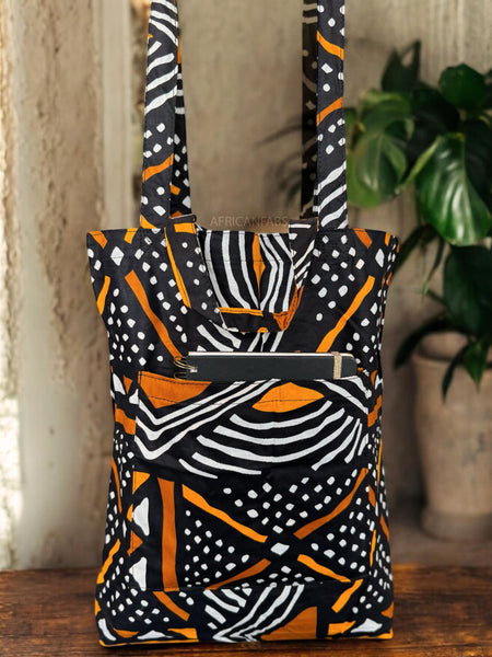 Bolso shopper con estampado africano - Negro Naranja Bogolan - Shopping Bag Reutilizable de Algodón