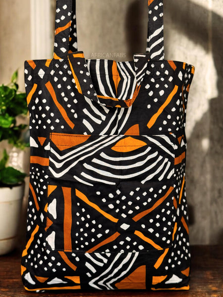 Bolso shopper con estampado africano - Negro Naranja Bogolan - Shopping Bag Reutilizable de Algodón