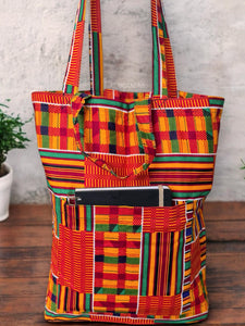 Bolso shopper con estampado africano - Naranja Verde Kente - Shopping Bag Reutilizable de Algodón