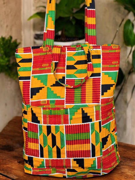 Bolso shopper con estampado africano - Amarillo Verde Kente - Shopping Bag Reutilizable de Algodón