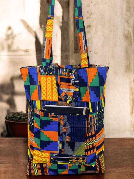 Bolso shopper con estampado africano - Azul Naranja Kente - Shopping Bag Reutilizable de Algodón