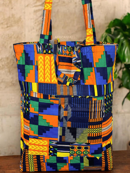 Bolso shopper con estampado africano - Azul Naranja Kente - Shopping Bag Reutilizable de Algodón