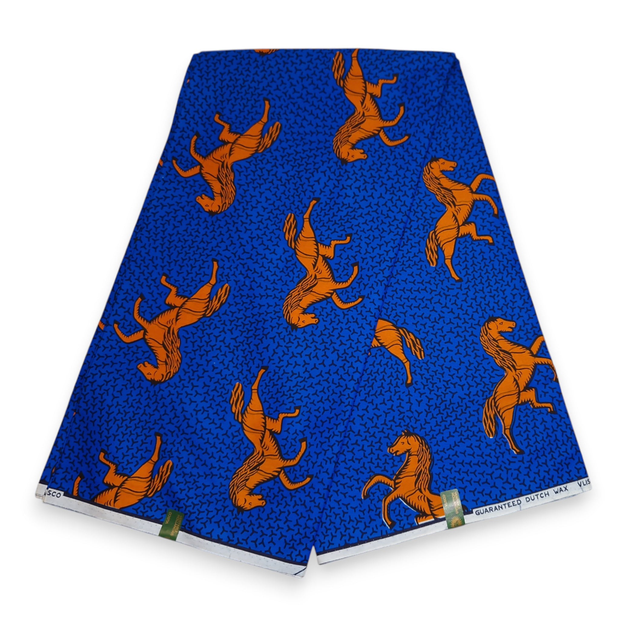 Tela estampada VLISCO Hollandais Wax - Azul / Naranja JUMPING HORSE