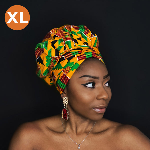 Gorro XL Easy - Gorro forrado de satén - Naranja / verde Kente