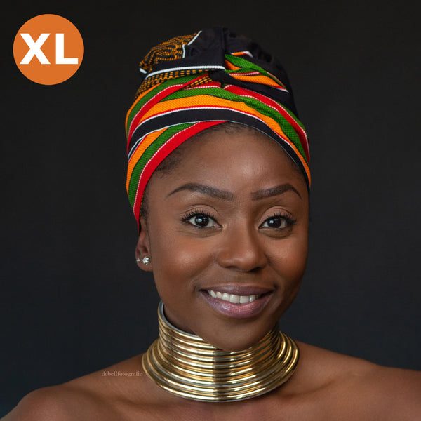 Cinta para la cabeza XL Easy - Gorro para el pelo con forro de satén - Negro Pan Africa Kente