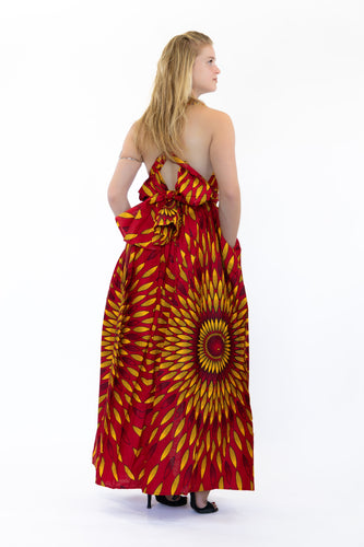 Vestido largo infinito multiposición con estampado africano en rojo / amarillo con rayos de sol