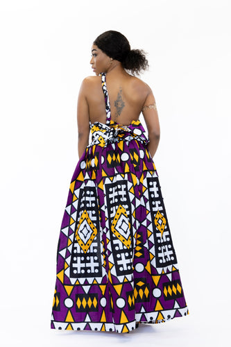 Vestido largo multiposición Samakaka Infinity con estampado africano en morado