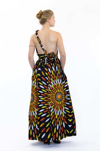 Vestido maxi estampado africano Infinity Multiway negro / amarillo sunburst