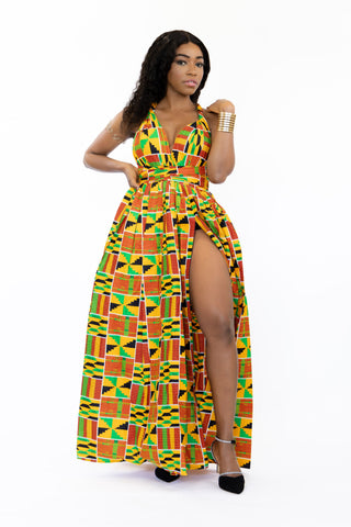 Vestido Maxi Estampado Africano Kente Naranja / Verde Infinity Multiway