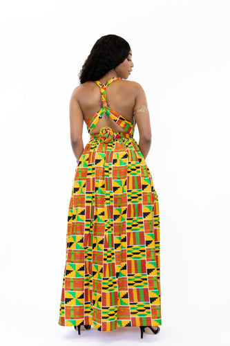 Vestido Maxi Estampado Africano Kente Naranja / Verde Infinity Multiway