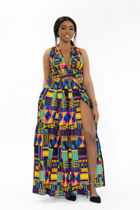 Vestido maxi multiposición infinito morado Kente multicolor con estampado africano