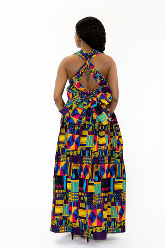 Vestido maxi multiposición infinito morado Kente multicolor con estampado africano