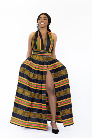 Vestido largo multiposición con estampado africano Pan Africa Black Kente Infinity