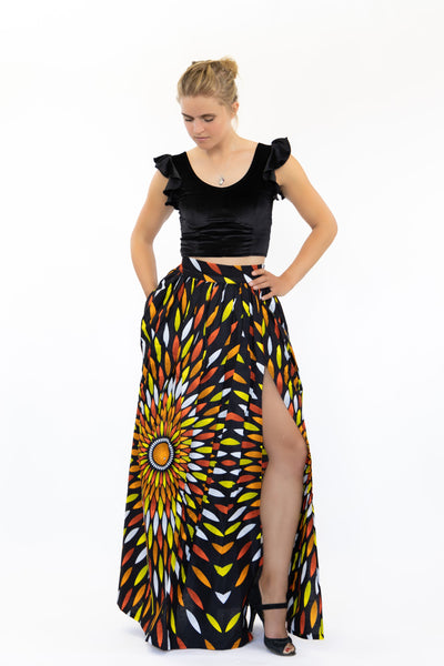 Falda maxi estampado africano - Negro / Amarillo sol