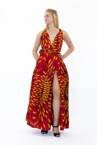 Vestido largo infinito multiposición con estampado africano en rojo / amarillo con rayos de sol