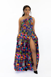 Vestido maxi estampado africano multicolor kente / purple Infinity Multiway