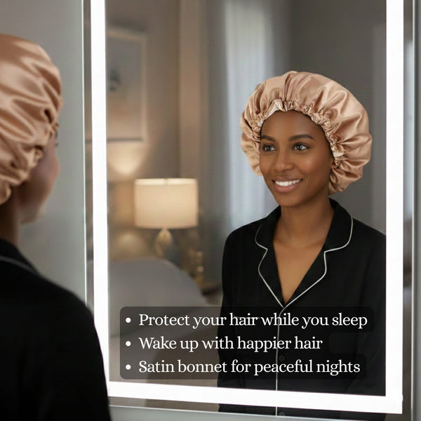 SET DE SATÉN - Protege tu cabello y tu piel - Gorro Kaki Satin Hair + Funda de Almohada Satin + Scrunchie