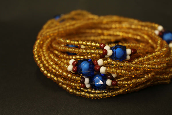 Perlas de cintura 3 en 1 / Cadena de cadera africana - EPA - Azul / dorado (elástico)