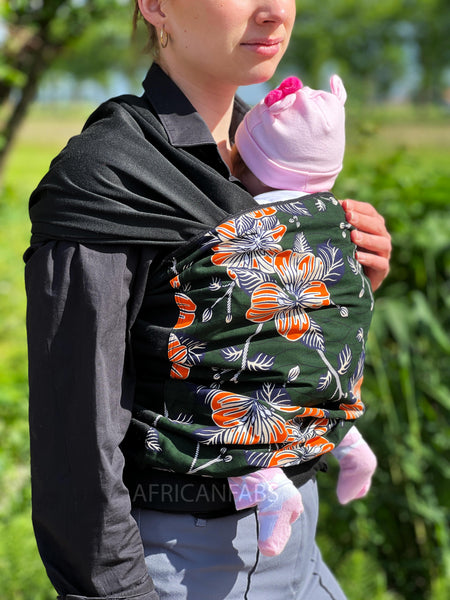 Portabebés con estampado africano / Portabebés / Fular para bebés - Verde oscuro Flores naranjas - Adornado en oro