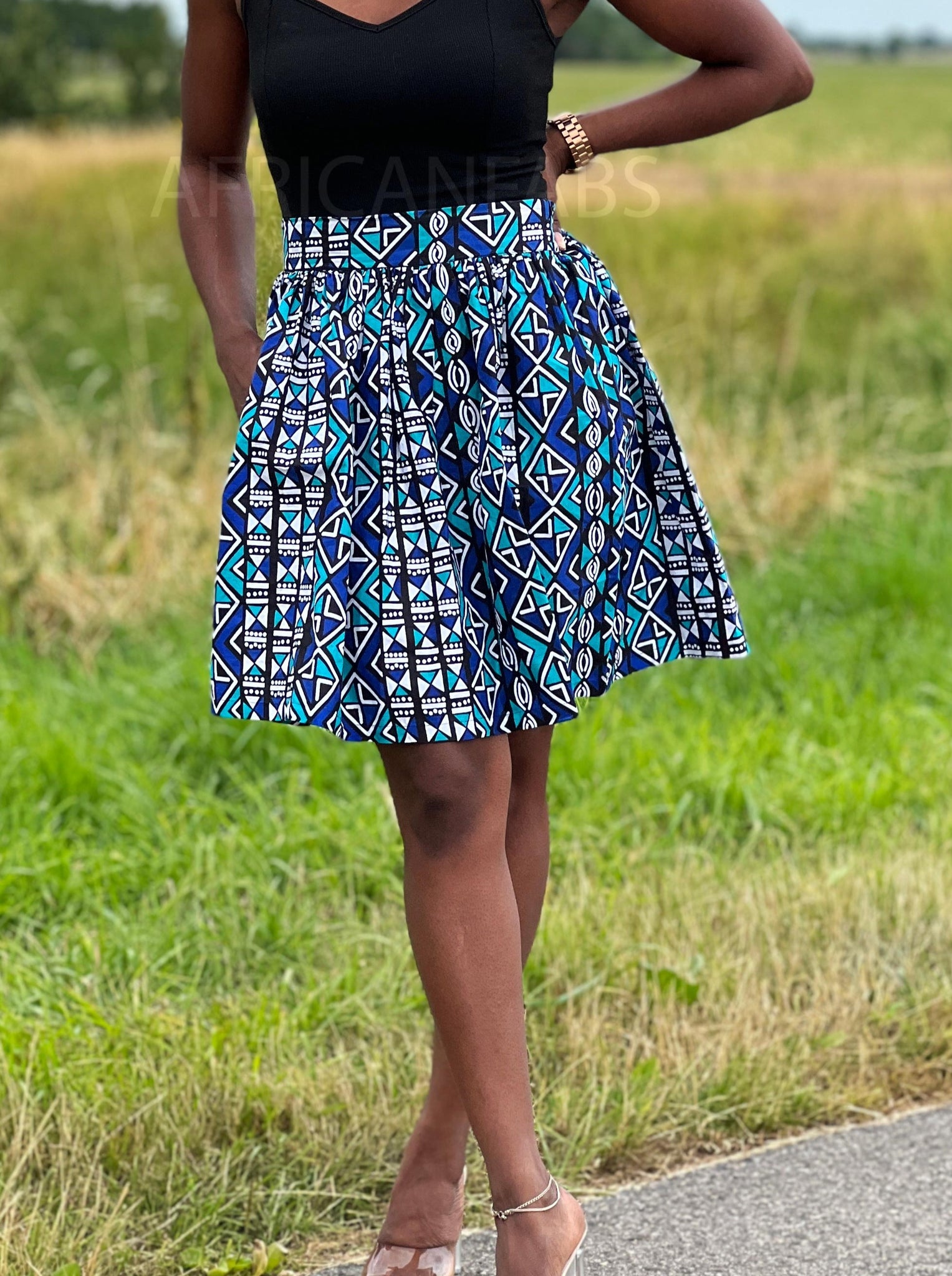 Minifalda estampado africano - Azul / Turquesa Bogolan / Tela de barro