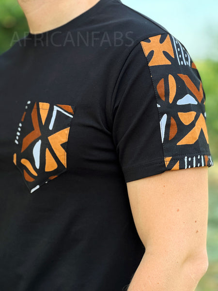 Camiseta con detalles de estampado africano - mangas bogolan marrones y bolsillo en el pecho