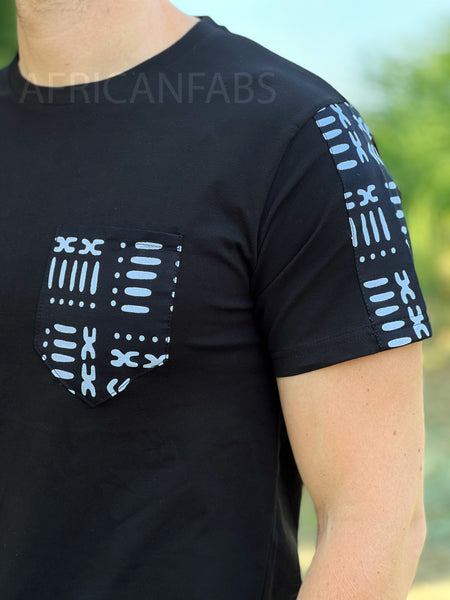 Camiseta con detalles de estampado africano - mangas bogolan negras y bolsillo en el pecho