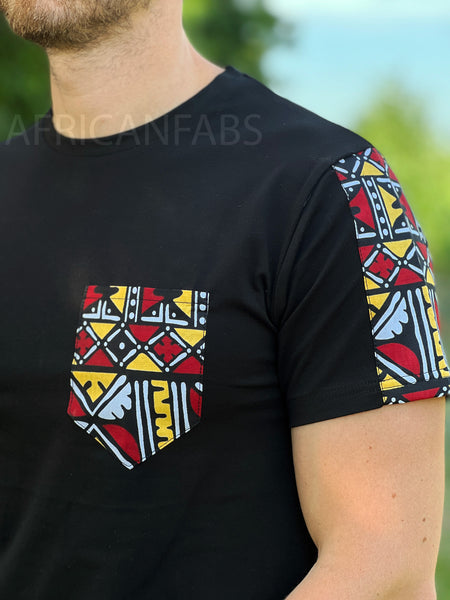 Camiseta con detalles estampados africanos - mangas bogolan rojo castaño y bolsillo en el pecho