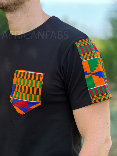 Camiseta con detalles de estampado africano - mangas kente y bolsillo en el pecho