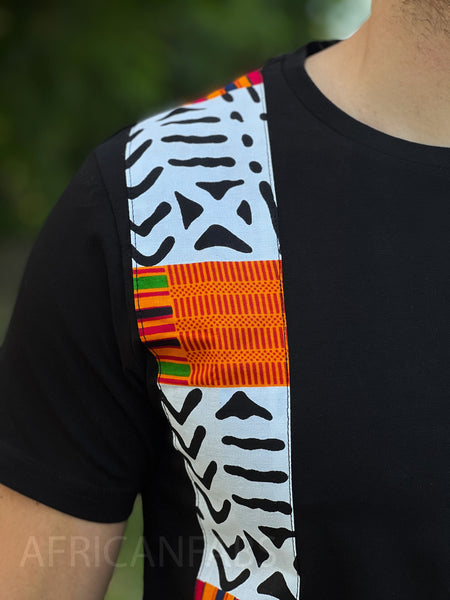 Camiseta con detalles estampados africanos - banda blanca bogolan kente