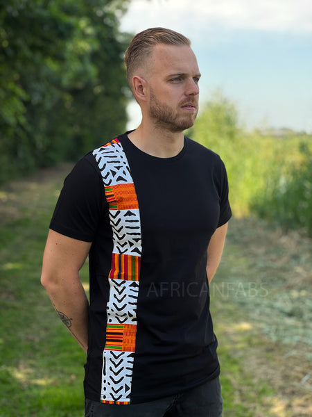 Camiseta con detalles estampados africanos - banda blanca bogolan kente