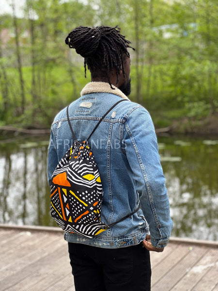 Bolso de cordón con estampado africano / Saco de gimnasio / Bolso de escuela / Mochila Ankara / Bolso de festival - Bogolan amarillo / naranja