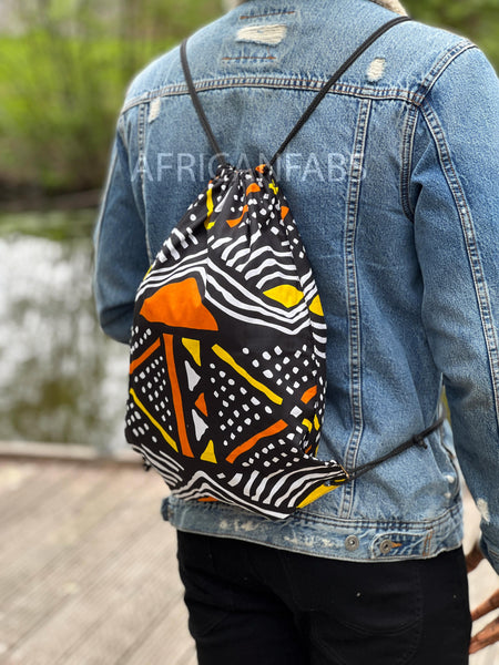 Bolso de cordón con estampado africano / Saco de gimnasio / Bolso de escuela / Mochila Ankara / Bolso de festival - Bogolan amarillo / naranja