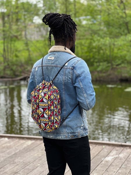 Bolso de cordón con estampado africano / Saco de gimnasio / Bolso de escuela / Mochila Ankara / Bolso de festival - amarillo / burdeos bogolan