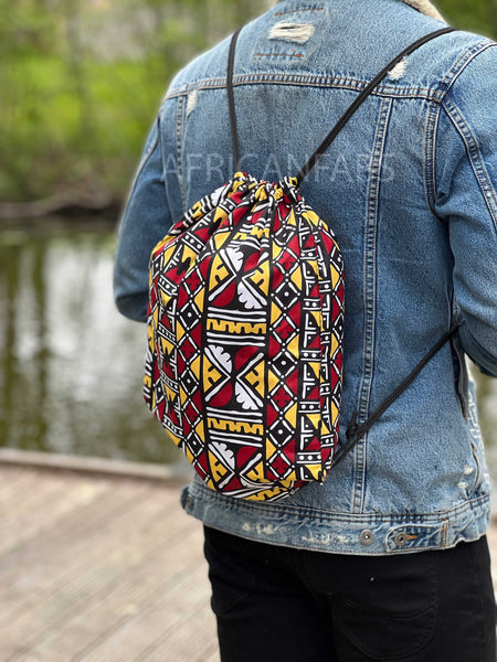 Bolso de cordón con estampado africano / Saco de gimnasio / Bolso de escuela / Mochila Ankara / Bolso de festival - amarillo / burdeos bogolan