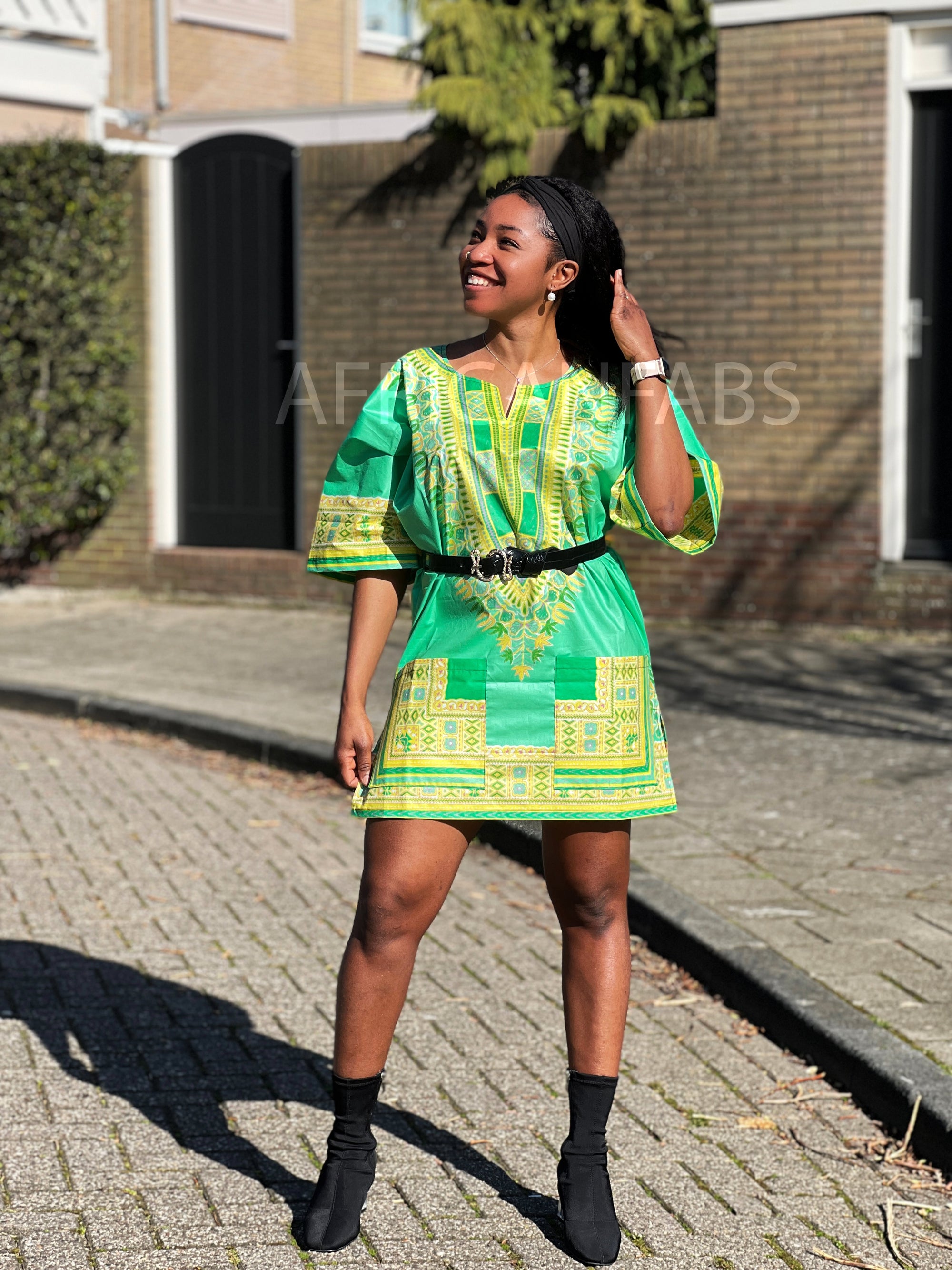 Camisa Dashiki verde limón / Vestido Dashiki - Top estampado africano - Unisex - Vlisco
