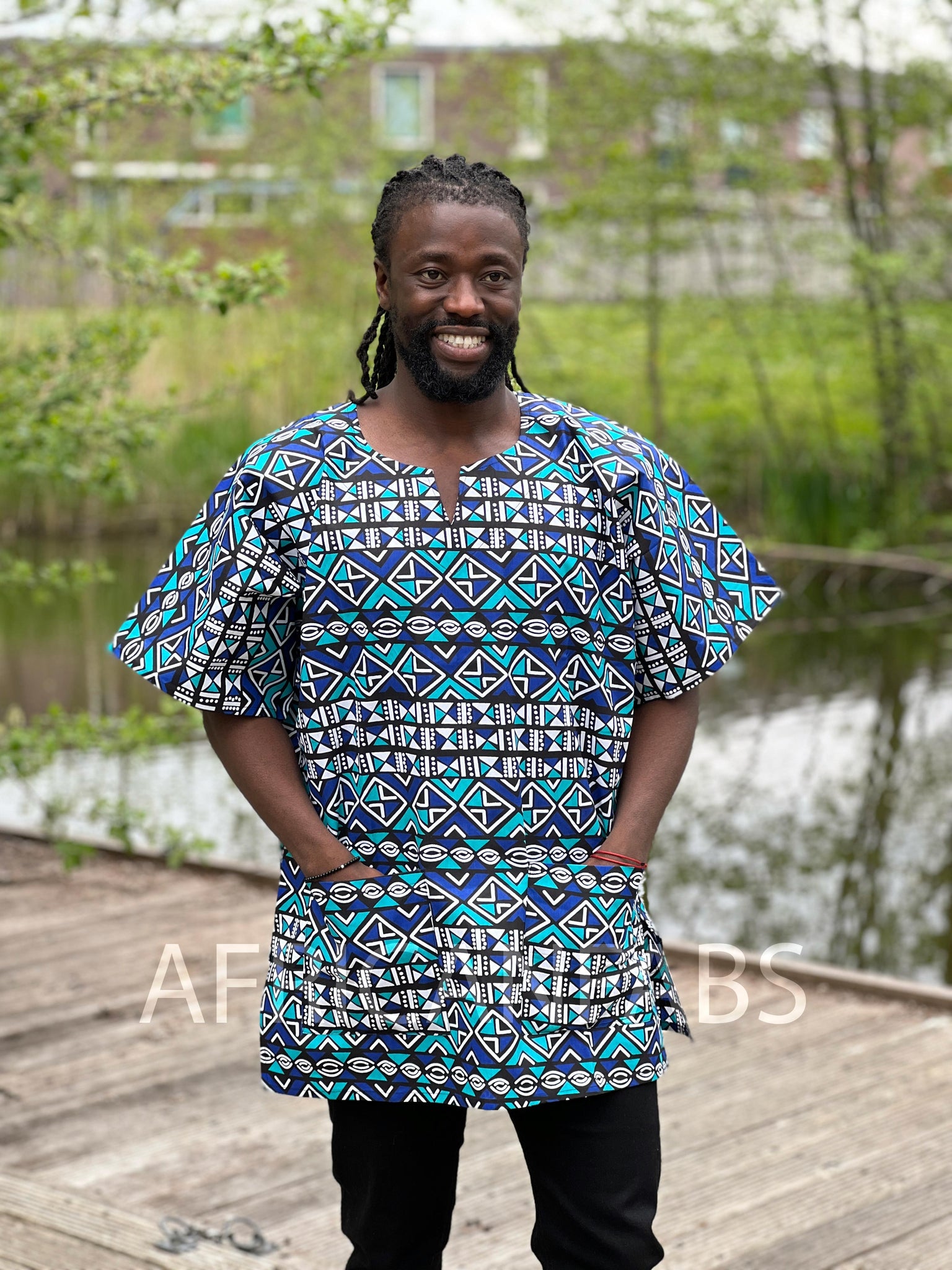 Azul / blanco Bogolan Dashiki Shirt / Dashiki Dress - Top con estampado africano - Unisex