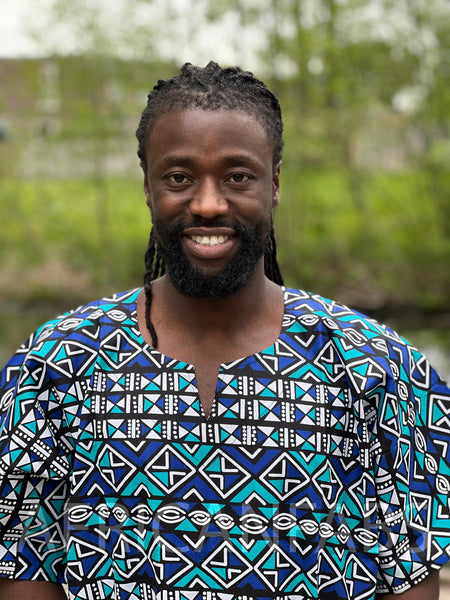 Azul / blanco Bogolan Dashiki Shirt / Dashiki Dress - Top con estampado africano - Unisex