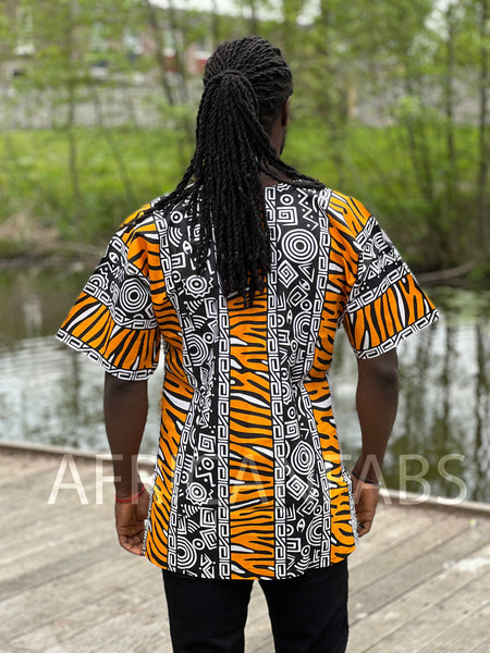 Naranja / blanco Bogolan Dashiki Shirt / Dashiki Dress - Top con estampado africano - Unisex