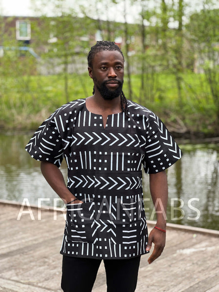 Camisa Dashiki Bogolan negra / blanca / Vestido Dashiki - Top con estampado africano - Unisex