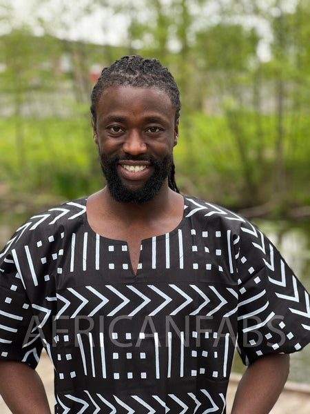 Camisa Dashiki Bogolan negra / blanca / Vestido Dashiki - Top con estampado africano - Unisex