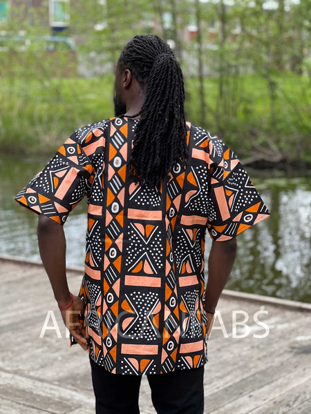 Salmón / negro Bogolan Dashiki Shirt / Dashiki Dress - Top con estampado africano - Unisex
