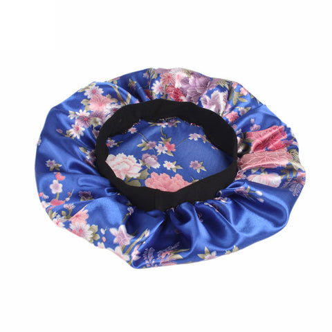 Gorro de pelo de satén con flores de color rosa azul (gorro de dormir de noche de satén)