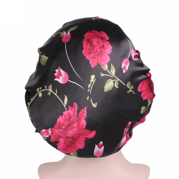 Gorro de pelo de satén con flores rosas negras (gorro de dormir de noche de satén)