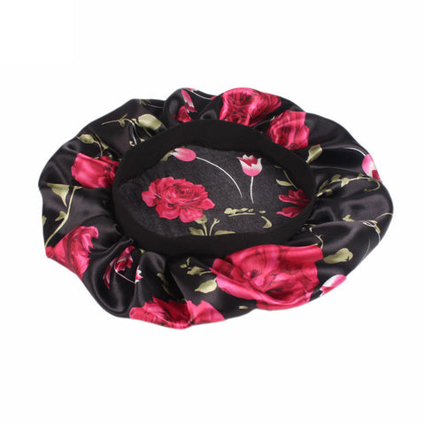Gorro de pelo de satén con flores rosas negras (gorro de dormir de noche de satén)