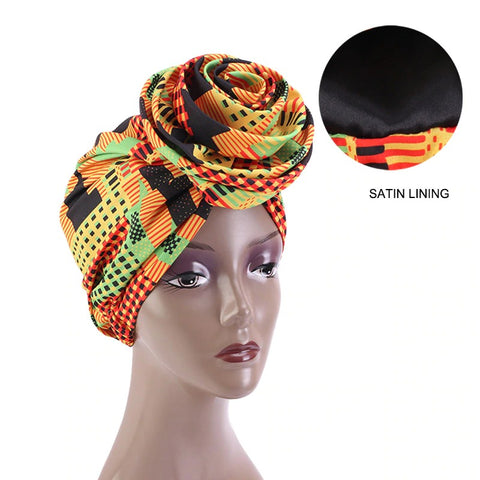 Pañuelo / sombrero preenvuelto - Gorro de noche con forro de satén con estampado africano Kente