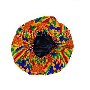 Gorro con estampado africano - Kente naranja / azul (algodón con forro de satén)