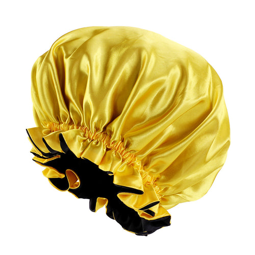 Gorro de pelo satinado amarillo/negro con borde (gorro de dormir de noche de satén reversible)